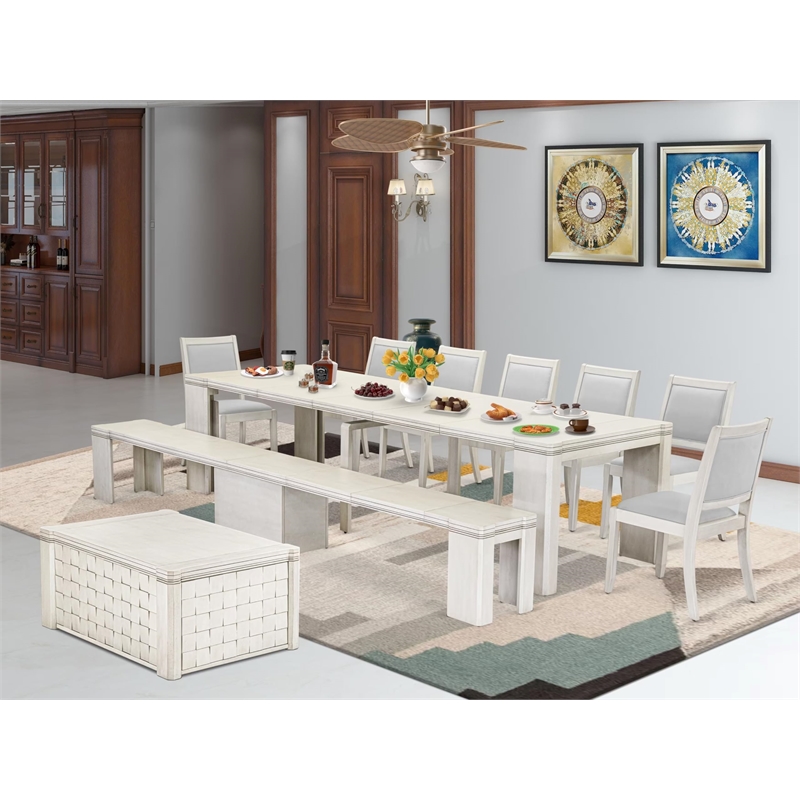 East West Furniture Xtenczar 10-Piece Extendable Dining Set in White Finish