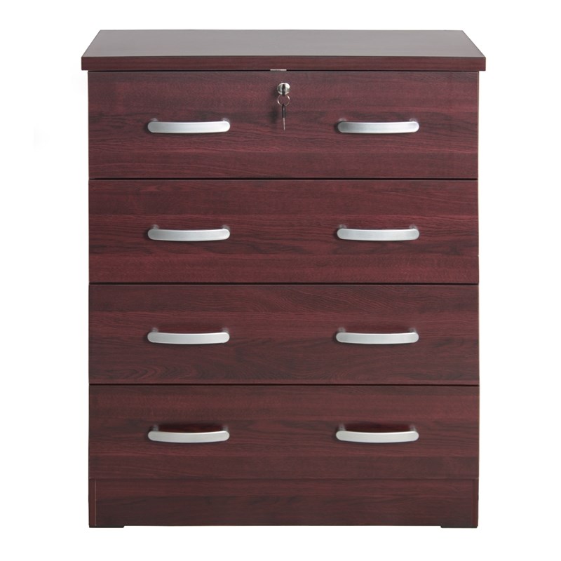 Better Home Products Cindy 4 Drawer Chest Wooden Dresser with Lock in Mahogany