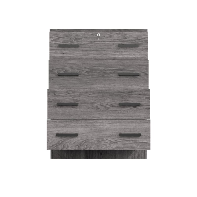 Better Home Products Cindy 4 Drawer Chest Wooden Dresser with Lock in Gray Oak