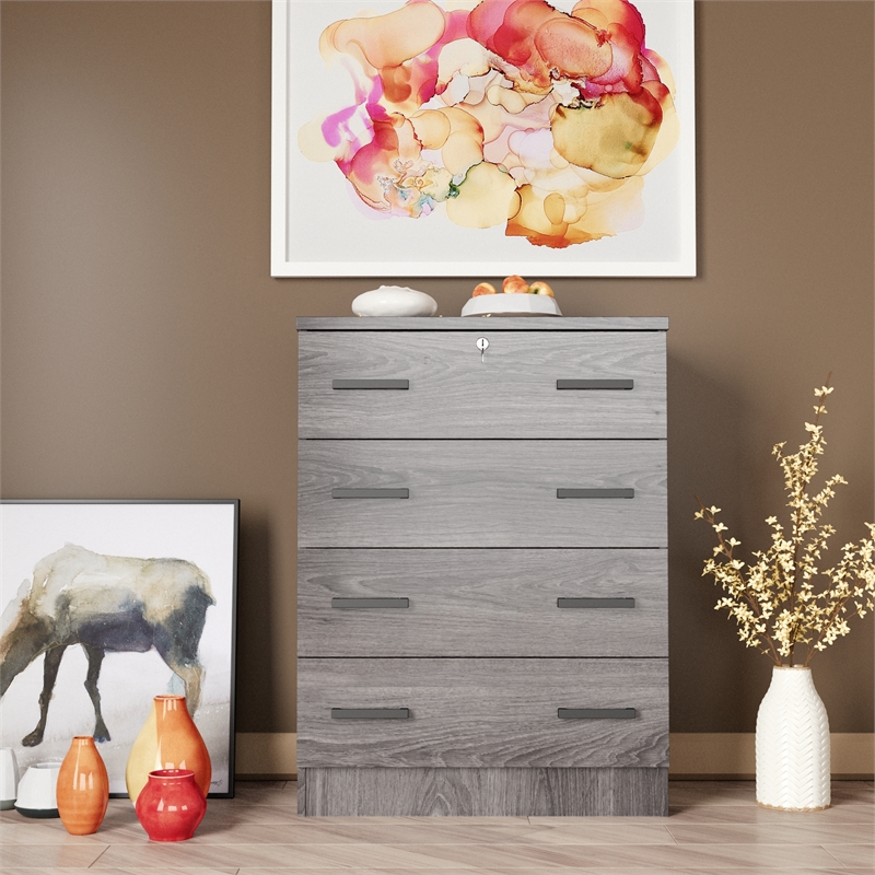 Better Home Products Cindy 4 Drawer Chest Wooden Dresser with Lock in Gray Oak