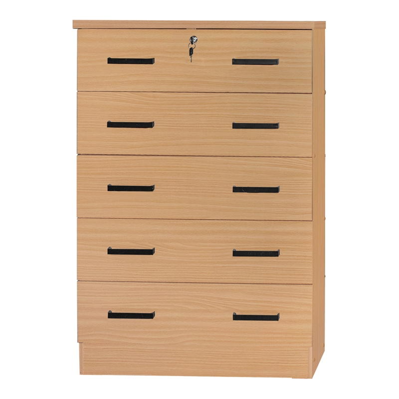 Better Home Products Cindy 5 Drawer Chest Wooden Dresser with Lock Beech (Maple)