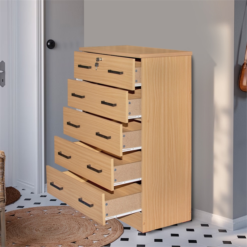 Better Home Products Cindy 5 Drawer Chest Wooden Dresser with Lock Beech (Maple)