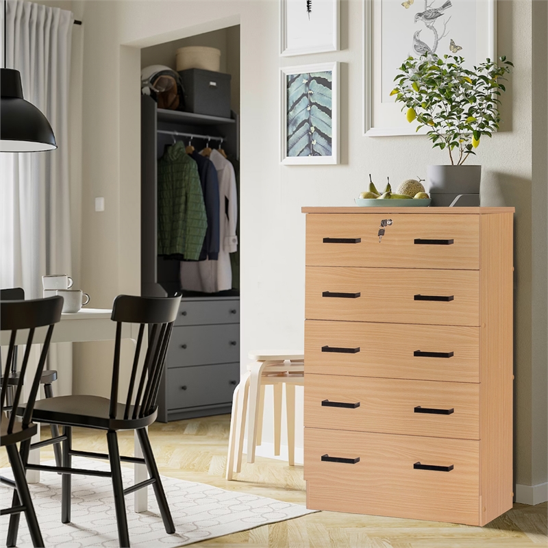 Better Home Products Cindy 5 Drawer Chest Wooden Dresser with Lock Beech (Maple)