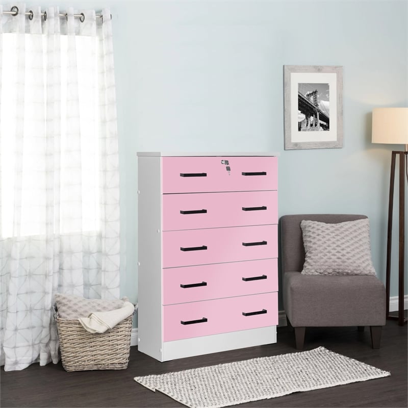 Better Home Products Cindy 5 Drawer Chest Wooden Dresser with Lock in Pink
