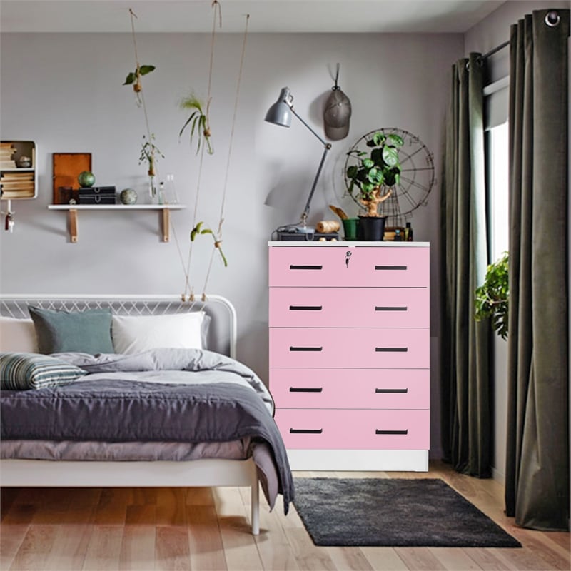 Better Home Products Cindy 5 Drawer Chest Wooden Dresser with Lock in Pink