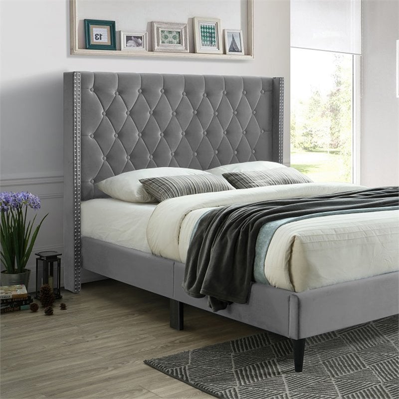 Better Home Products Amelia 62 x 86 Velvet Tufted Queen Platform Bed in Gray