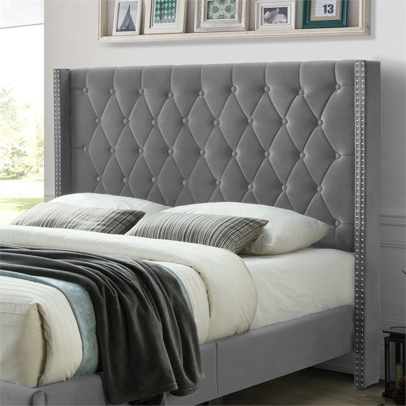 Better Home Products Amelia 62 x 86 Velvet Tufted Queen Platform Bed in Gray