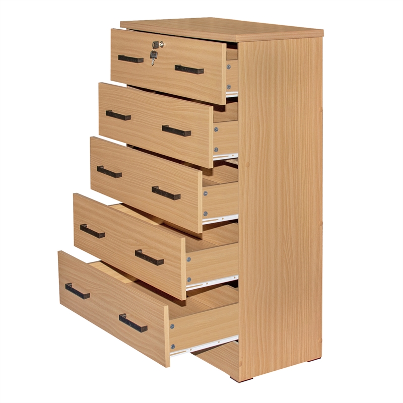Better Home Products Olivia Wooden Tall 5 Drawer Chest Dresser in Beech (Maple)