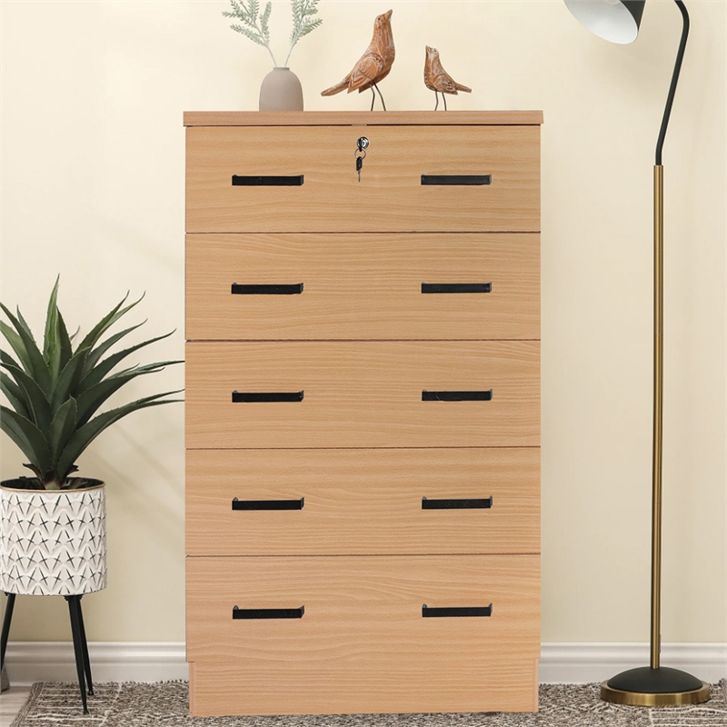 Better Home Products Olivia Wooden Tall 5 Drawer Chest Dresser in Beech (Maple)