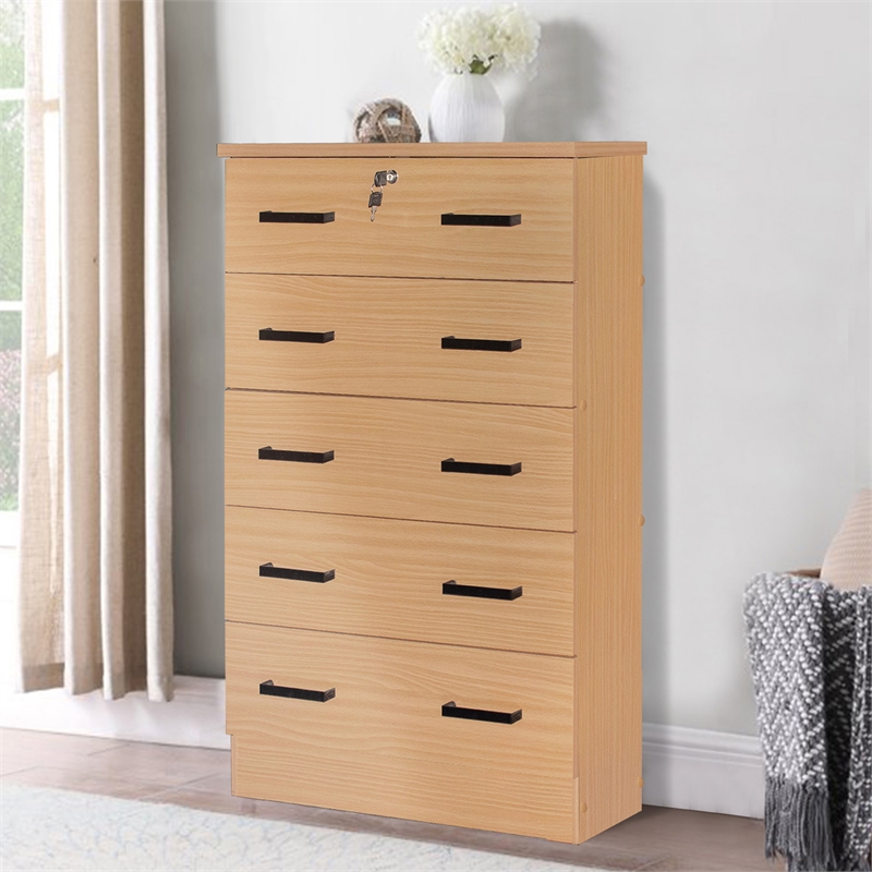 Better Home Products Olivia Wooden Tall 5 Drawer Chest Dresser in Beech (Maple)