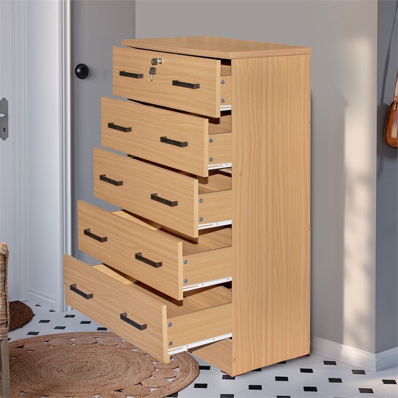 Better Home Products Olivia Wooden Tall 5 Drawer Chest Dresser in Beech (Maple)
