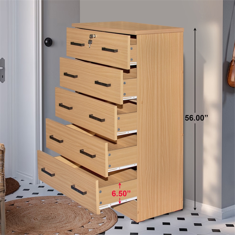 Better Home Products Olivia Wooden Tall 5 Drawer Chest Dresser in Beech (Maple)