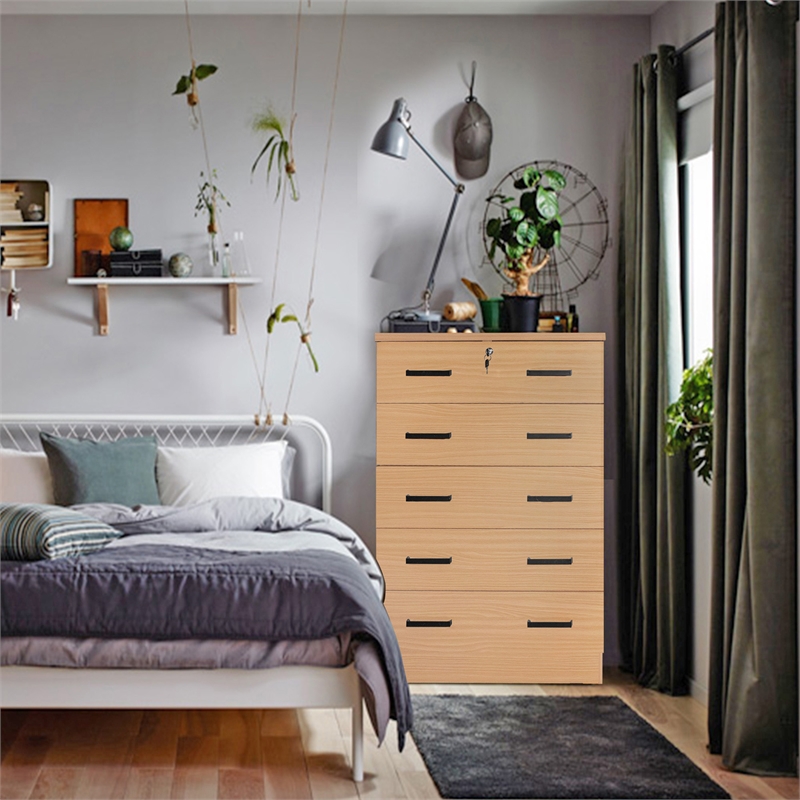 Better Home Products Olivia Wooden Tall 5 Drawer Chest Dresser in Beech (Maple)