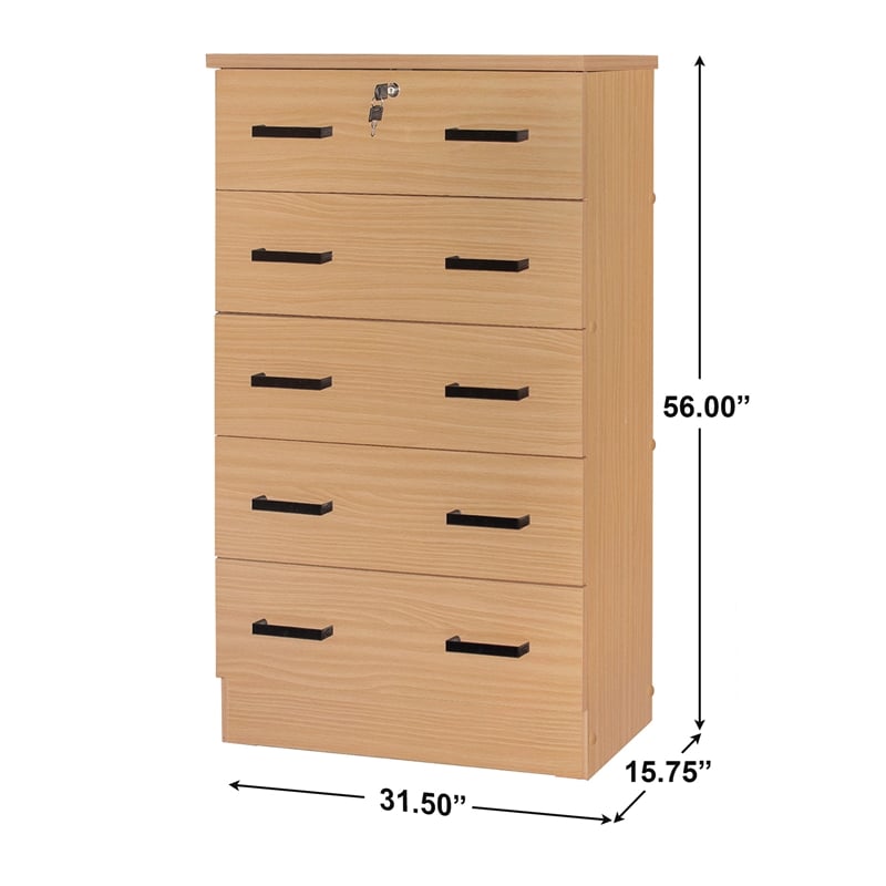 Better Home Products Olivia Wooden Tall 5 Drawer Chest Dresser in Beech (Maple)