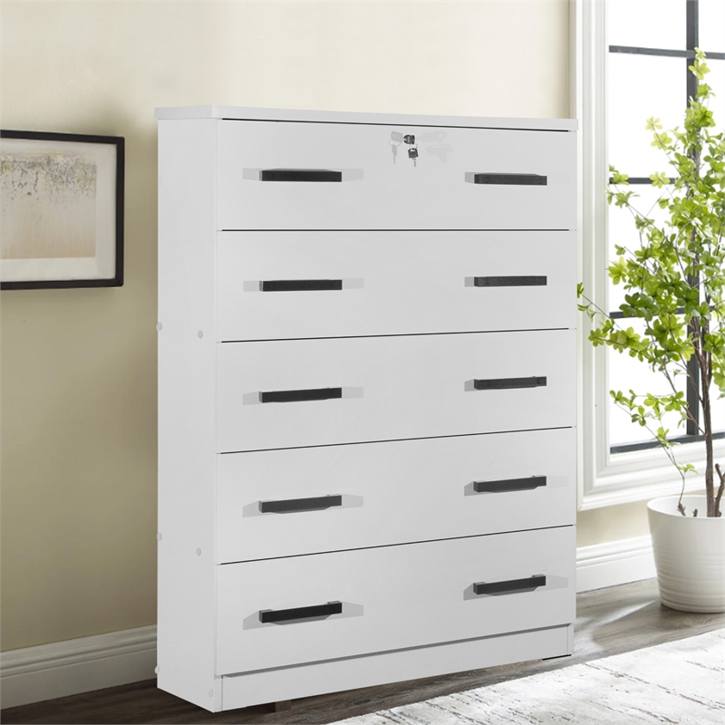 Better Home Products Olivia Wooden Tall 5 Drawer Chest Bedroom Dresser in White