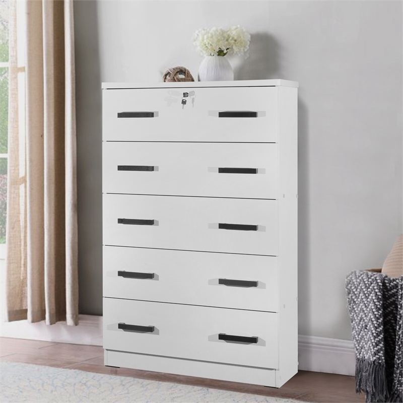 Better Home Products Olivia Wooden Tall 5 Drawer Chest Bedroom Dresser in White
