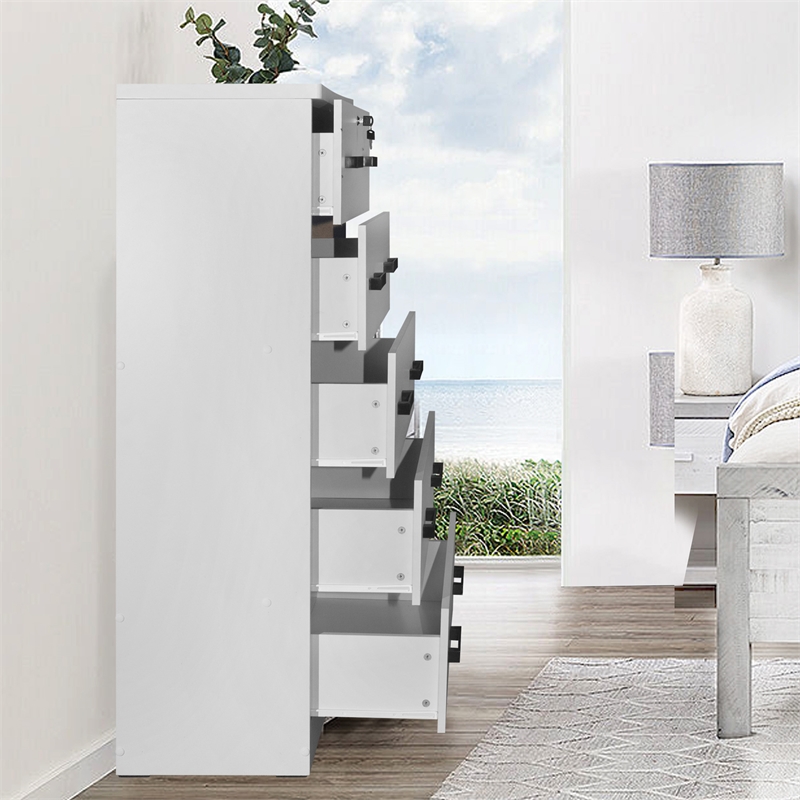 Better Home Products Olivia Wooden Tall 5 Drawer Chest Bedroom Dresser in White