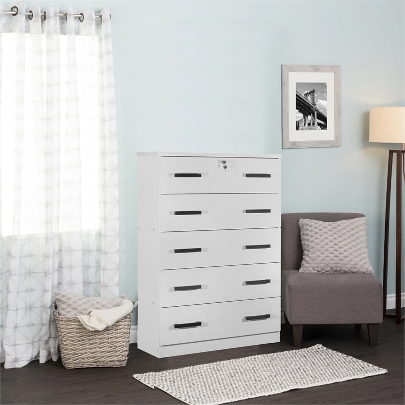 Better Home Products Olivia Wooden Tall 5 Drawer Chest Bedroom Dresser in White