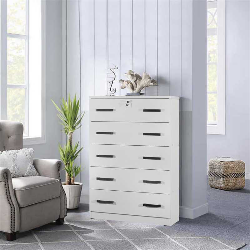 Better Home Products Olivia Wooden Tall 5 Drawer Chest Bedroom Dresser in White