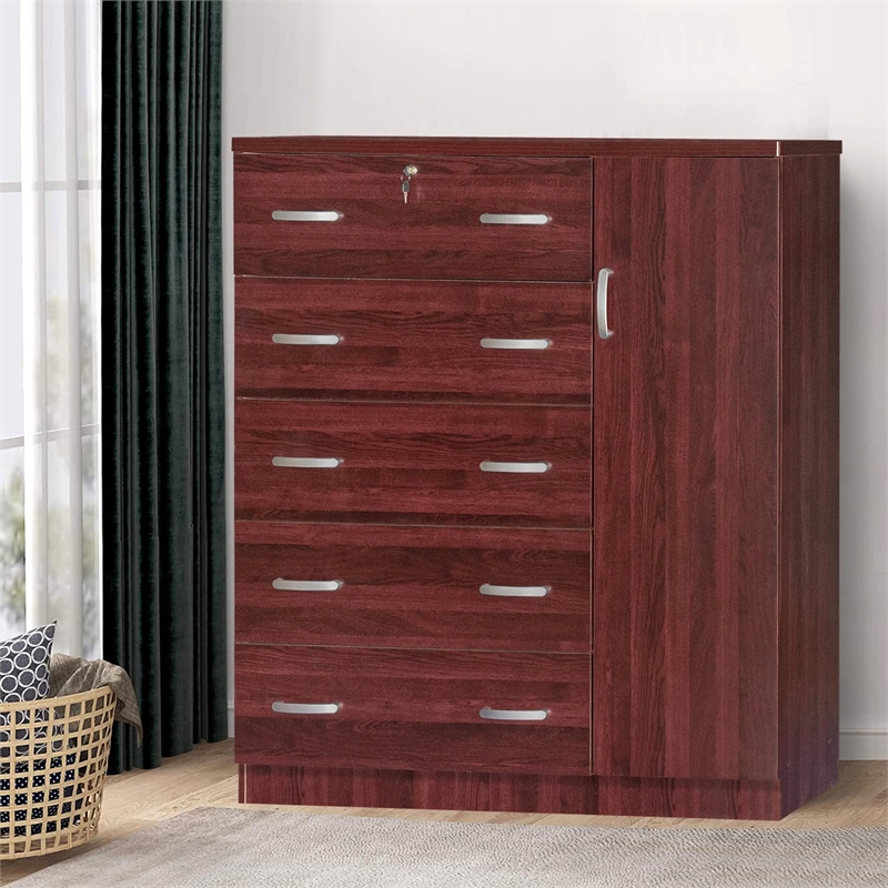 Better Home Products JCF Sofie 5 Drawer Wooden Tall Chest Wardrobe in Mahogany