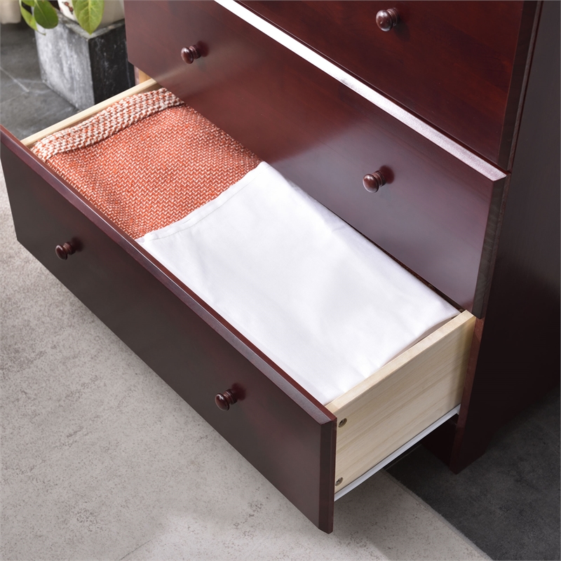 Better Home Products Isabela Solid Pine Wood 5 Drawer Chest Dresser in Mahogany