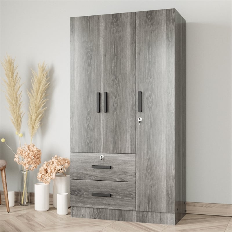 Better Home Products Symphony Wardrobe Armoire Closet with Two Drawers in Gray