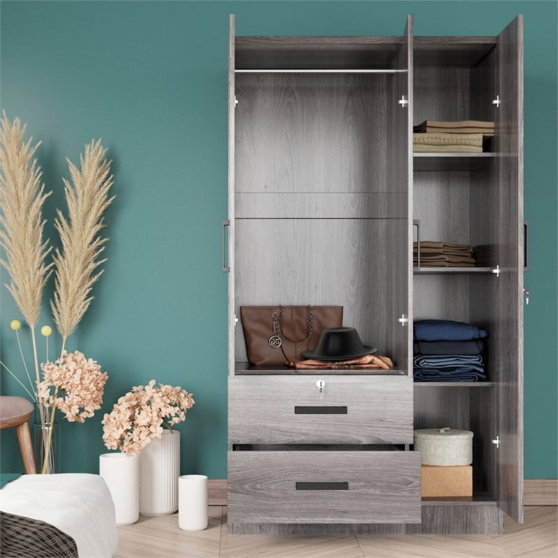 Better Home Products Symphony Wardrobe Armoire Closet with Two Drawers in Gray