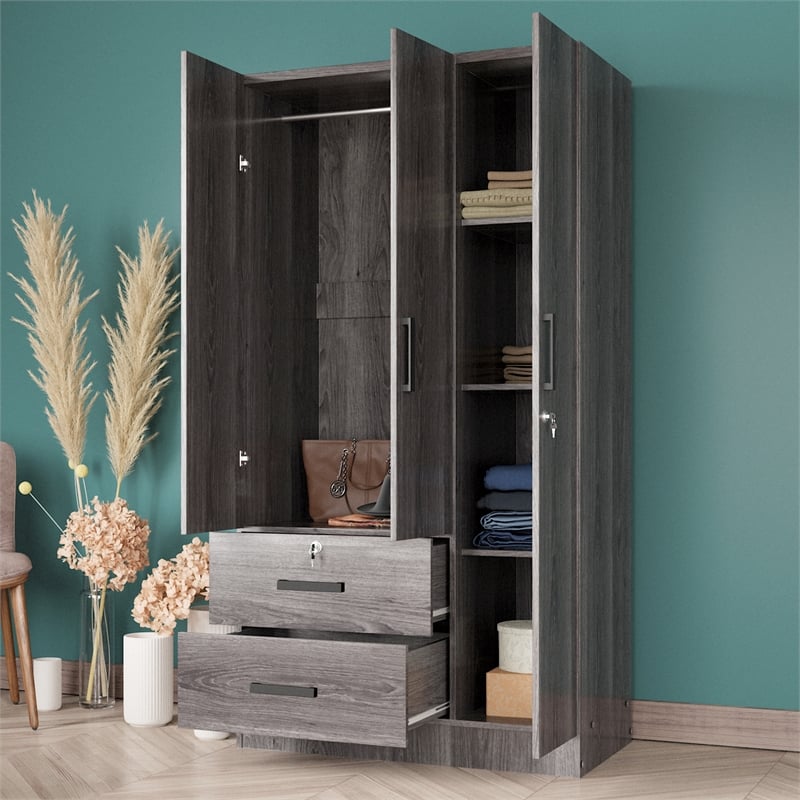 Better Home Products Symphony Wardrobe Armoire Closet with Two Drawers in Gray