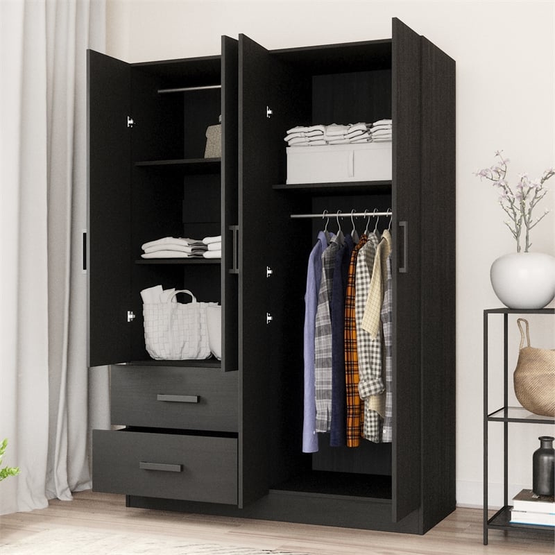 Better Home Products Luna Modern Wood 4 Doors 2 Drawers Armoire in Black