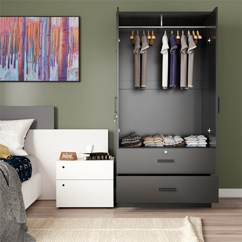 Better Home Products Grace Wood 2-Door Wardrobe Armoire with 2-Drawers in Black