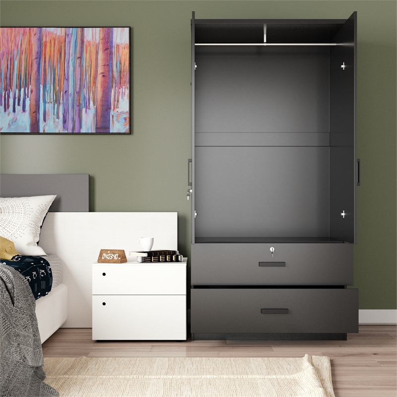 Better Home Products Grace Wood 2-Door Wardrobe Armoire with 2-Drawers in Black