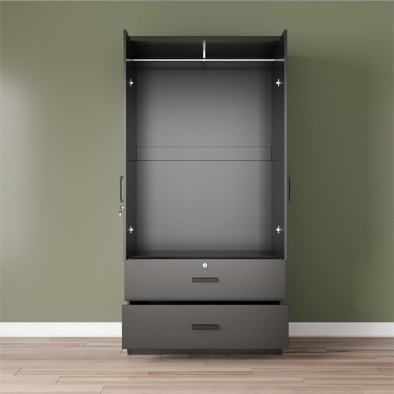 Better Home Products Grace Wood 2-Door Wardrobe Armoire with 2-Drawers in Black