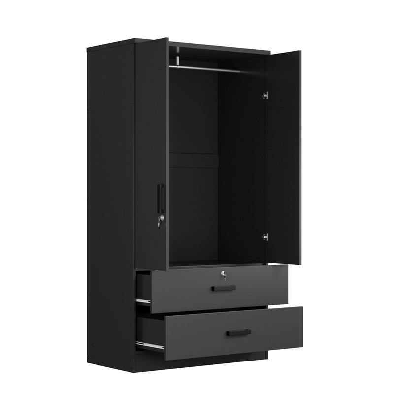Better Home Products Grace Wood 2-Door Wardrobe Armoire with 2-Drawers in Black