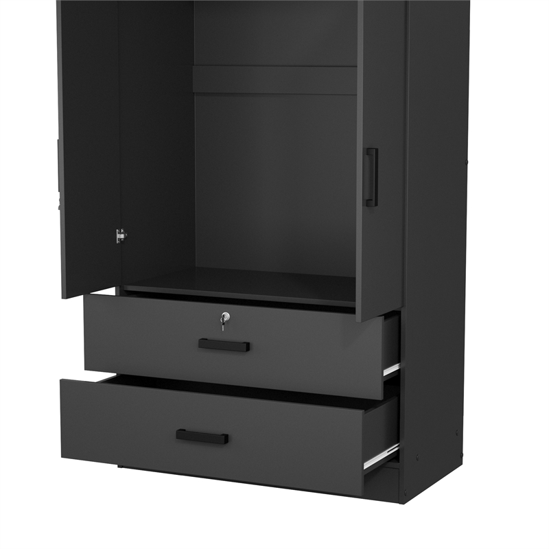 Better Home Products Grace Wood 2-Door Wardrobe Armoire with 2-Drawers in Black