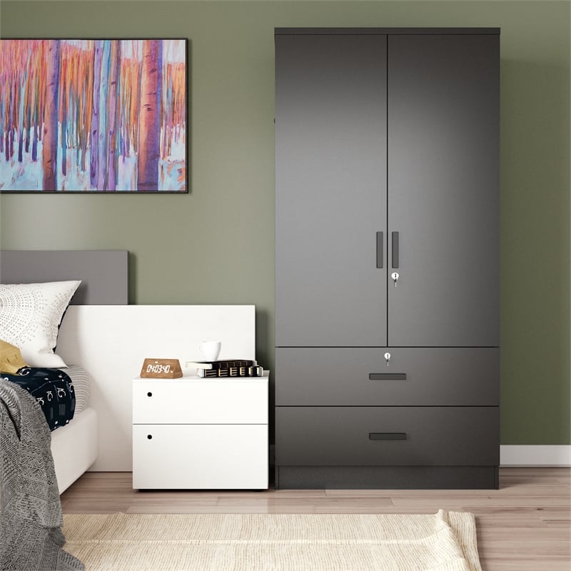 Better Home Products Grace Wood 2-Door Wardrobe Armoire with 2-Drawers in Black