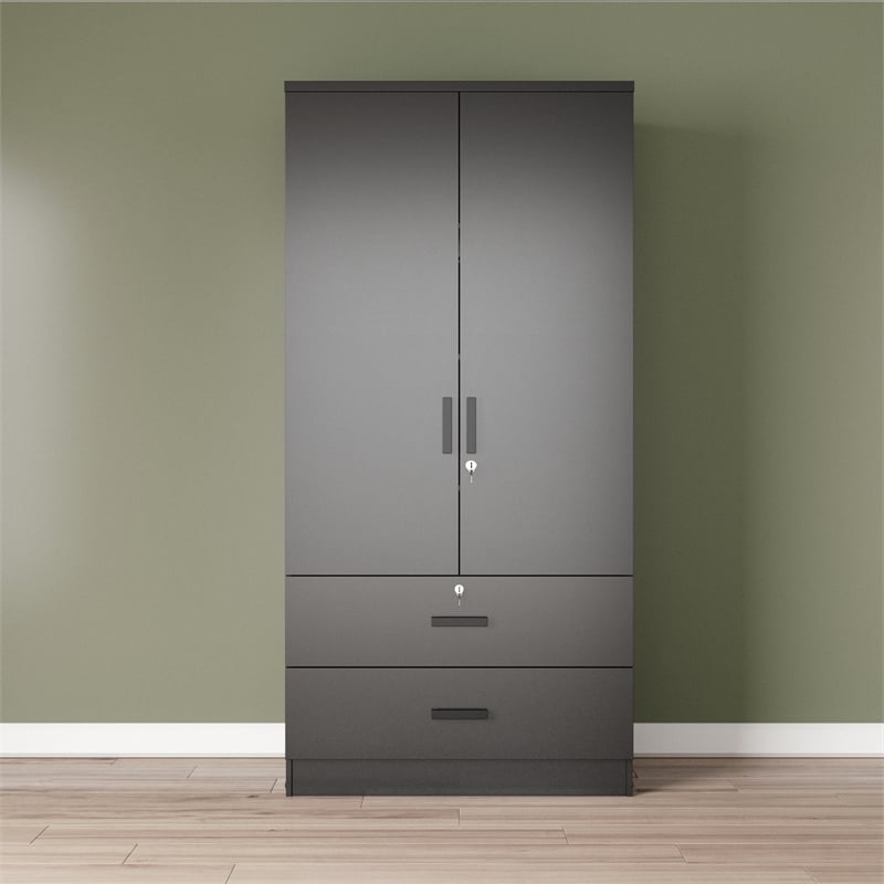 Better Home Products Grace Wood 2-Door Wardrobe Armoire with 2-Drawers in Black