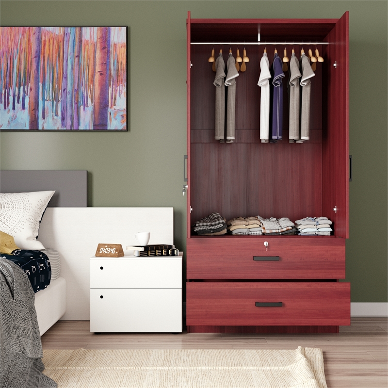 Better Home Products Grace Wood 2-Door Wardrobe Armoire with 2-Drawers Mahogany