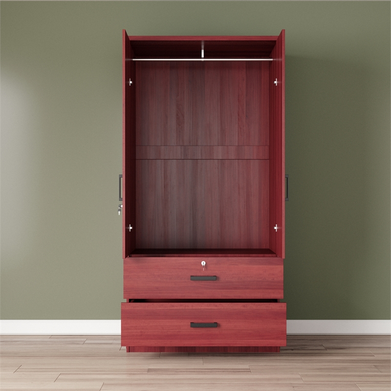 Better Home Products Grace Wood 2-Door Wardrobe Armoire with 2-Drawers Mahogany