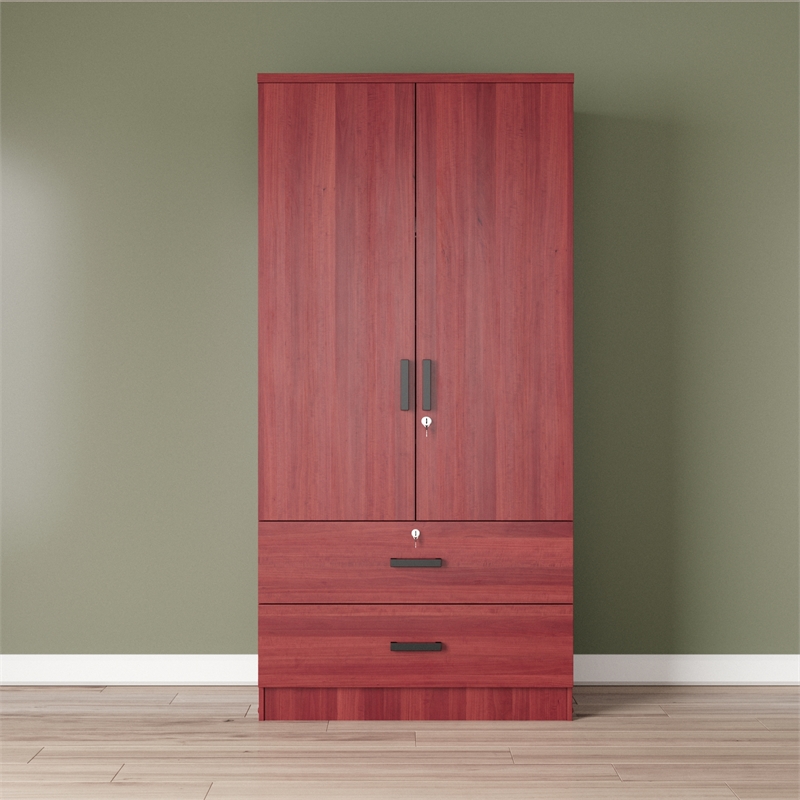 Better Home Products Grace Wood 2-Door Wardrobe Armoire with 2-Drawers Mahogany