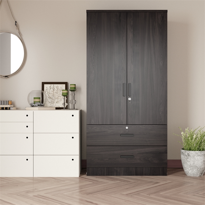 Better Home Products Grace Wood 2-Door Wardrobe Armoire with 2-Drawers Tobacco