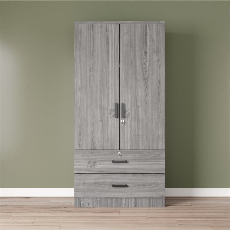 Better Home Products Grace Wood 2-Door Wardrobe Armoire with 2-Drawers in Gray