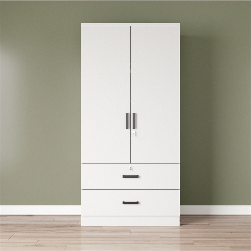 Better Home Products Grace Wood 2-Door Wardrobe Armoire with 2-Drawers in White