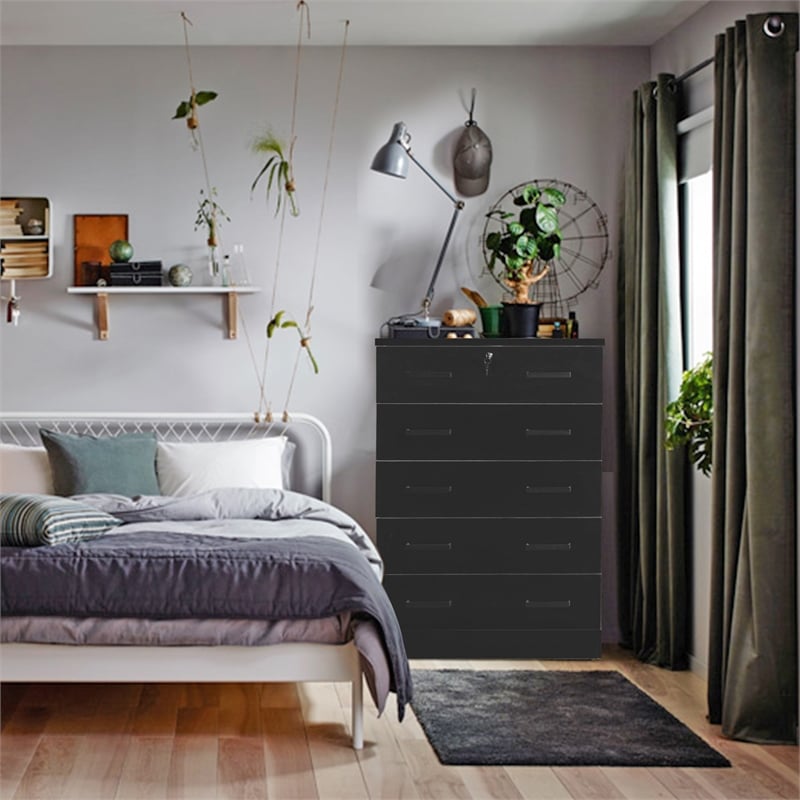 Better Home Products Cindy 5 Drawer Chest Wooden Dresser with Lock in Black