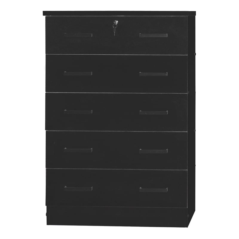 Better Home Products Cindy 5 Drawer Chest Wooden Dresser with Lock in Black