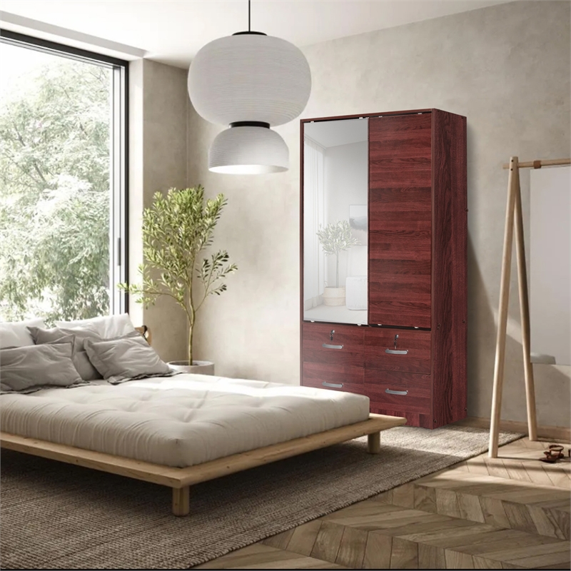 Better Home Products Sarah Double Sliding Door Armoire with Mirror in Mahogany