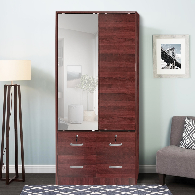 Better Home Products Sarah Double Sliding Door Armoire with Mirror in Mahogany