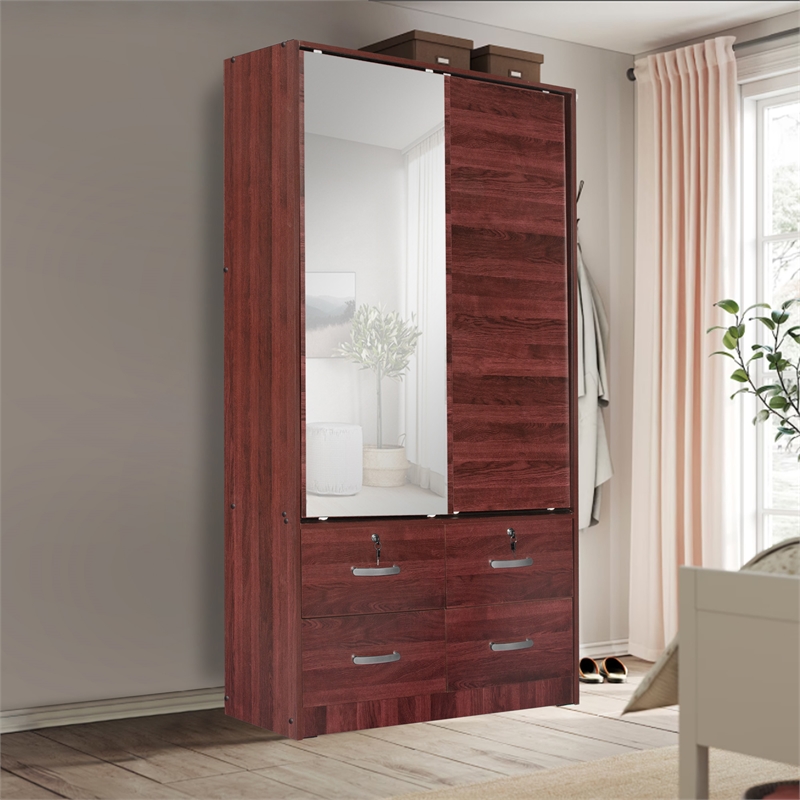 Better Home Products Sarah Double Sliding Door Armoire with Mirror in Mahogany