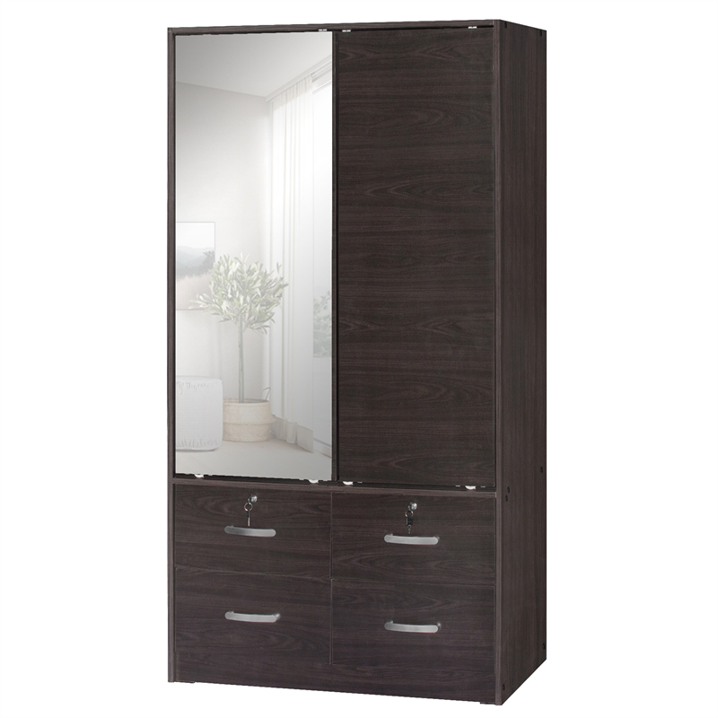 Better Home Products Sarah Double Sliding Door Armoire with Mirror in Tobacco