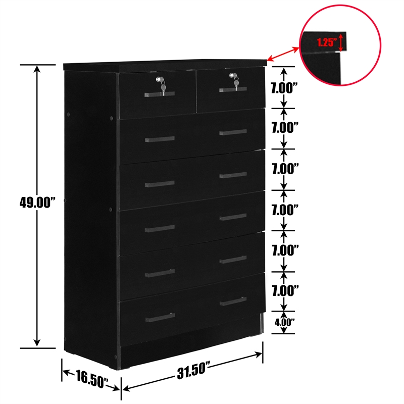 Better Home Products Cindy 7 Drawer Chest Wooden Dresser with Lock in Black