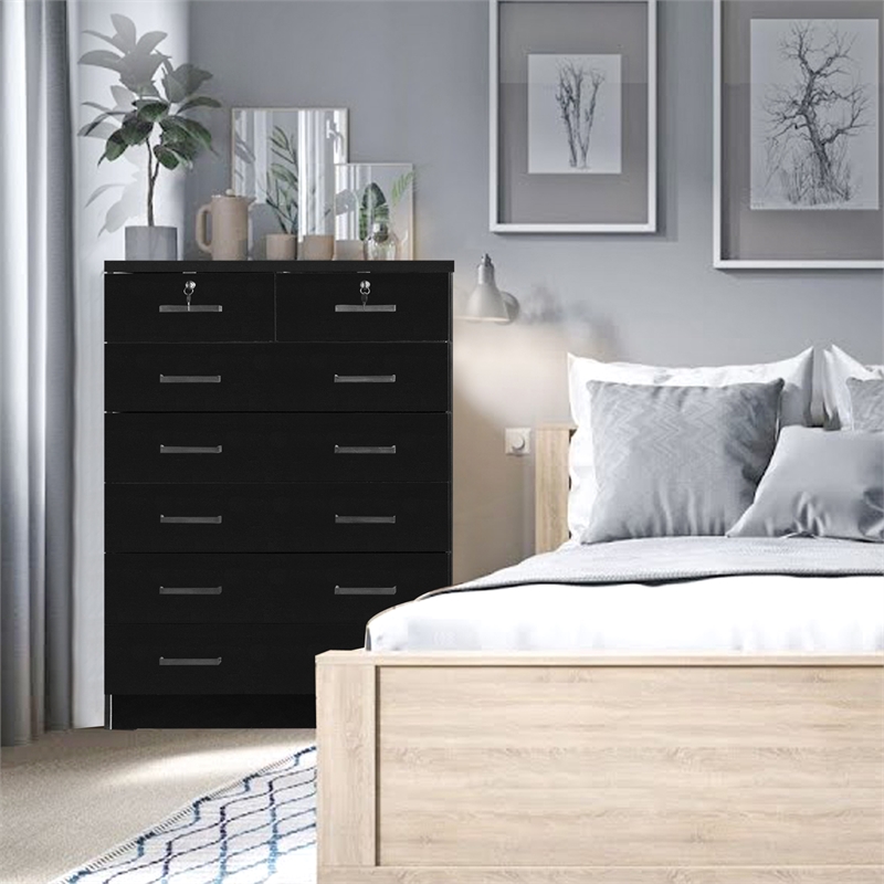 Better Home Products Cindy 7 Drawer Chest Wooden Dresser with Lock in Black